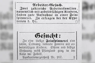 Mit diesem Inserat suchten Spinnereien nach Arbeitern mit grossen Familien. Man sieht eine Annonce aus der Zeitung.